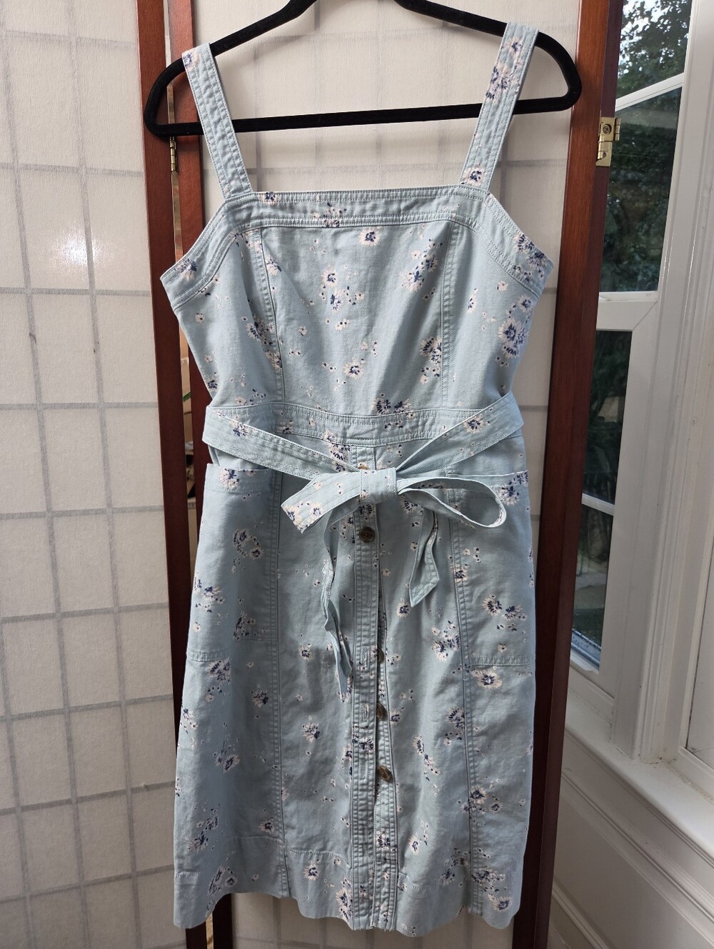 GAP Floral Belted Sundress Light Blue Cottagecore Button Front Midi Pinafore